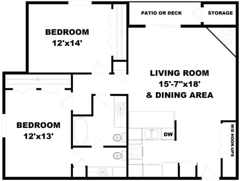 Floor plan for 2 beds, 1.5 baths, 1100 sqft